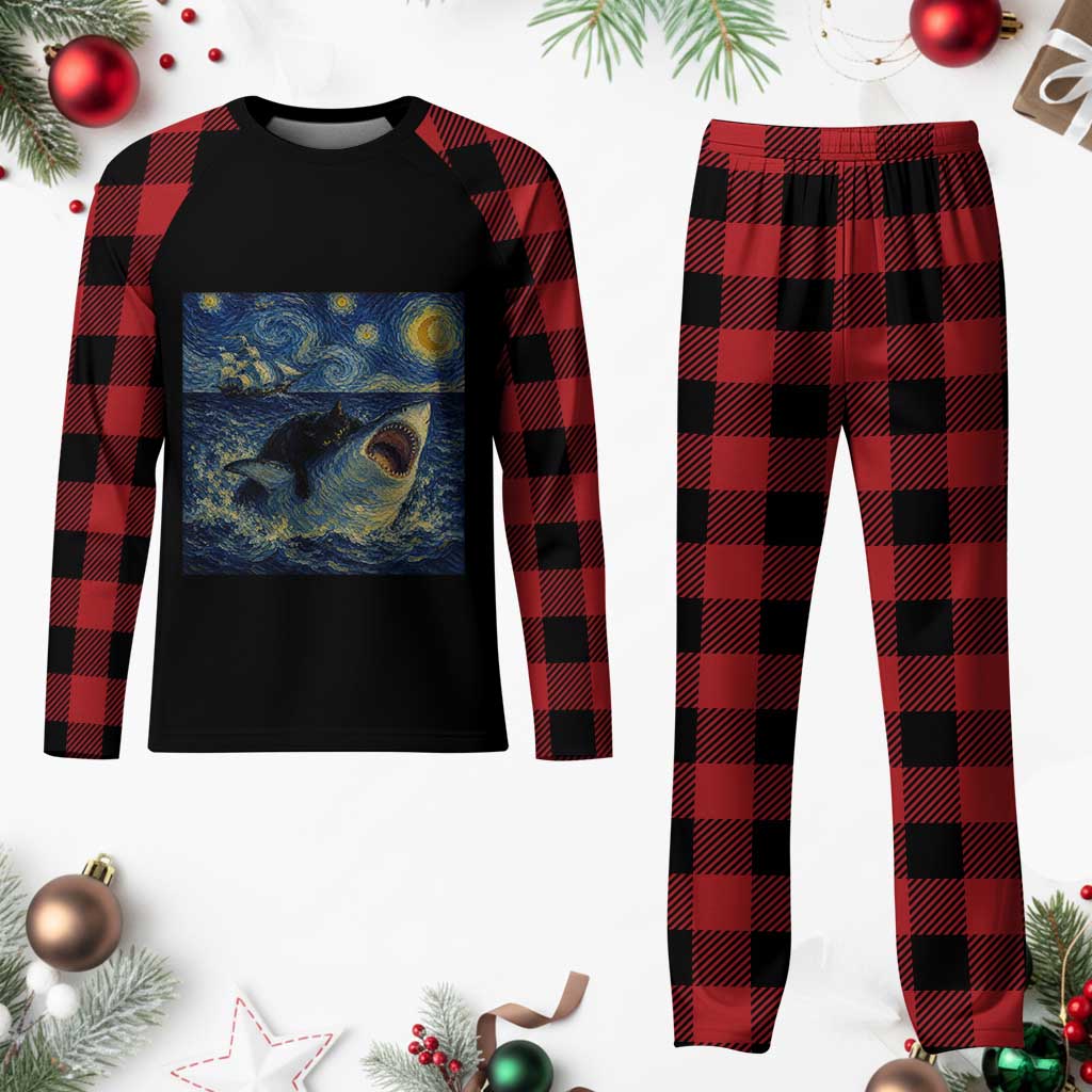 Funny Cat Biting Shark Starry Night Inspired Art Plaid Pajama Set TS12 Buffalo Plaid Print Your Wear