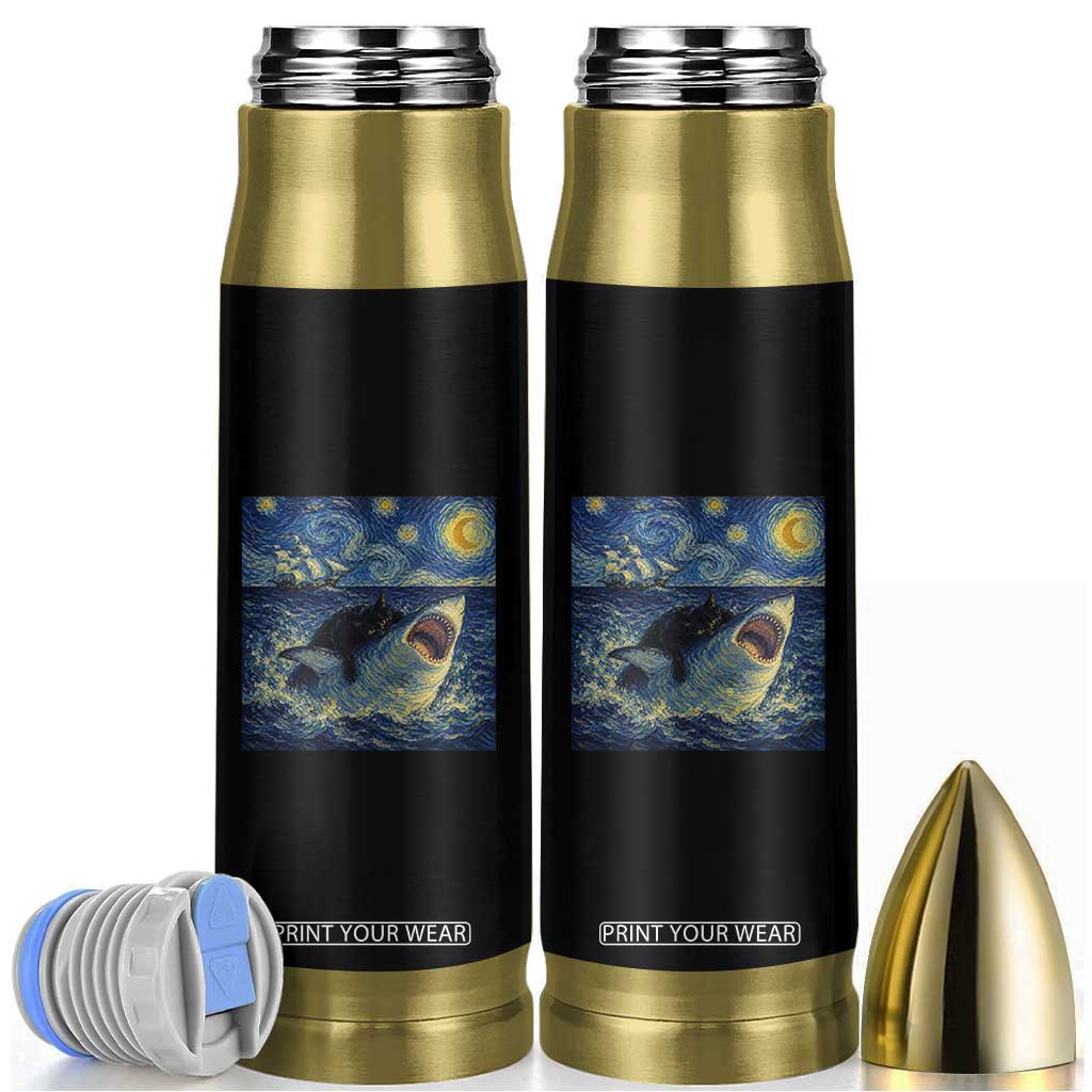 Funny Cat Biting Shark Starry Night Inspired Art Bullet Tumbler TS12 Black Print Your Wear