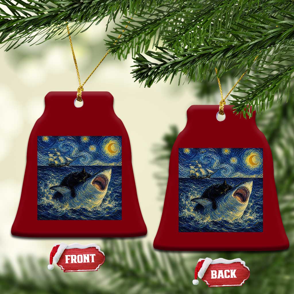 Funny Cat Biting Shark Starry Night Inspired Art Ceramic Ornament