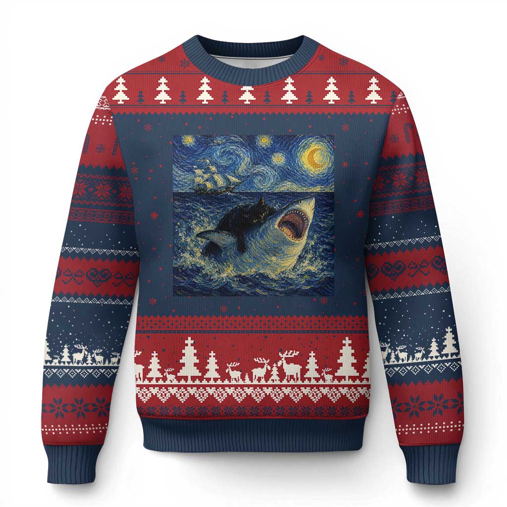 Funny Cat Biting Shark Starry Night Inspired Art Ugly Christmas Sweater