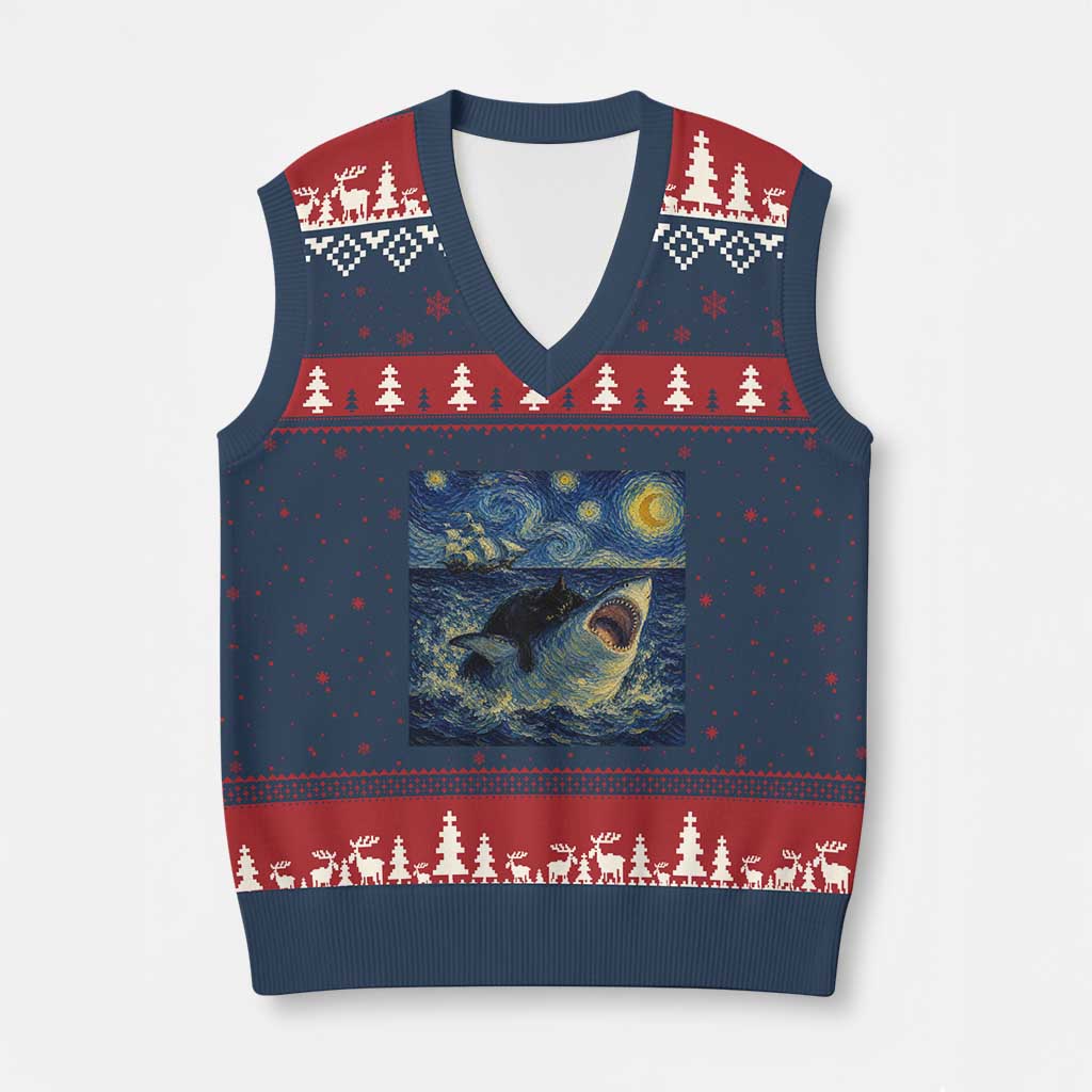 Funny Cat Biting Shark Starry Night Inspired Art V-Neck Knit Sweater Vest TS12 Navy Red Print Your Wear
