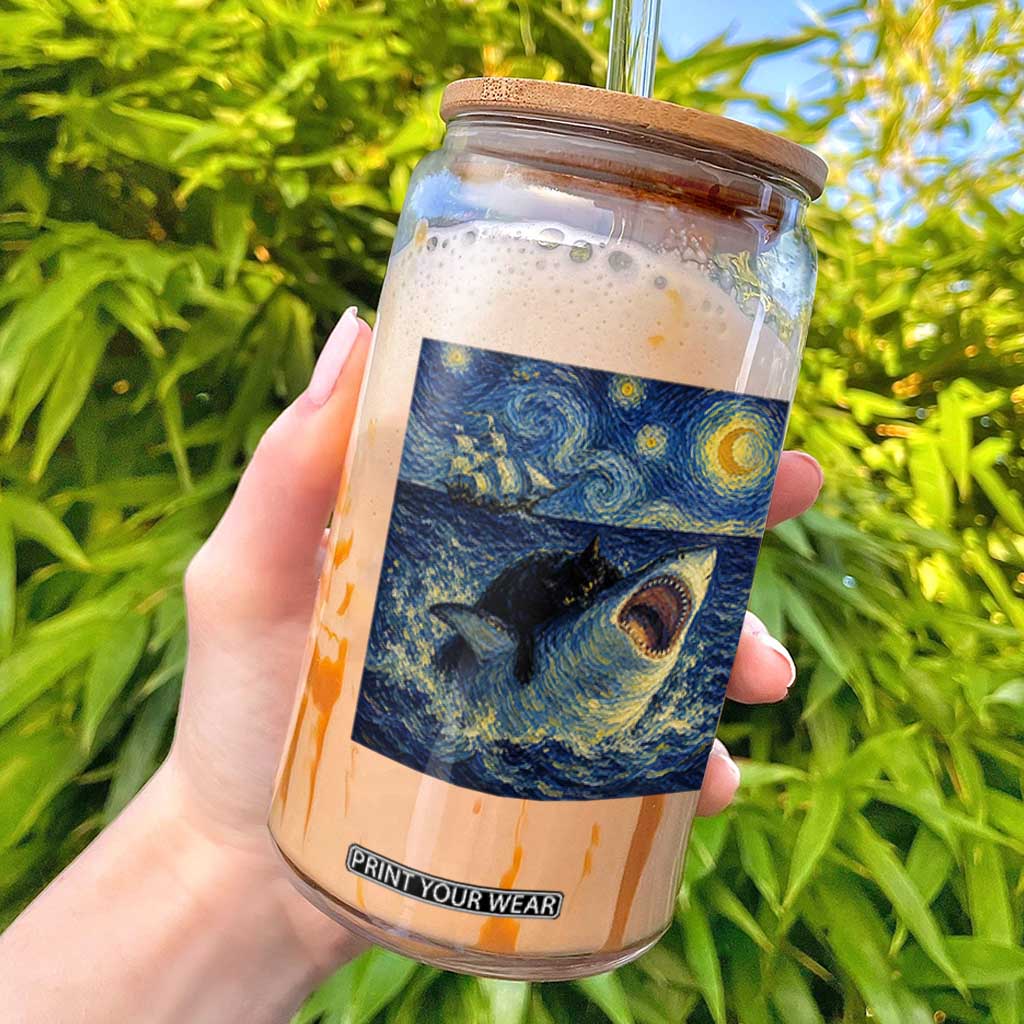 Funny Cat Biting Shark Starry Night Inspired Art Glass Can TS12 Black Print Your Wear