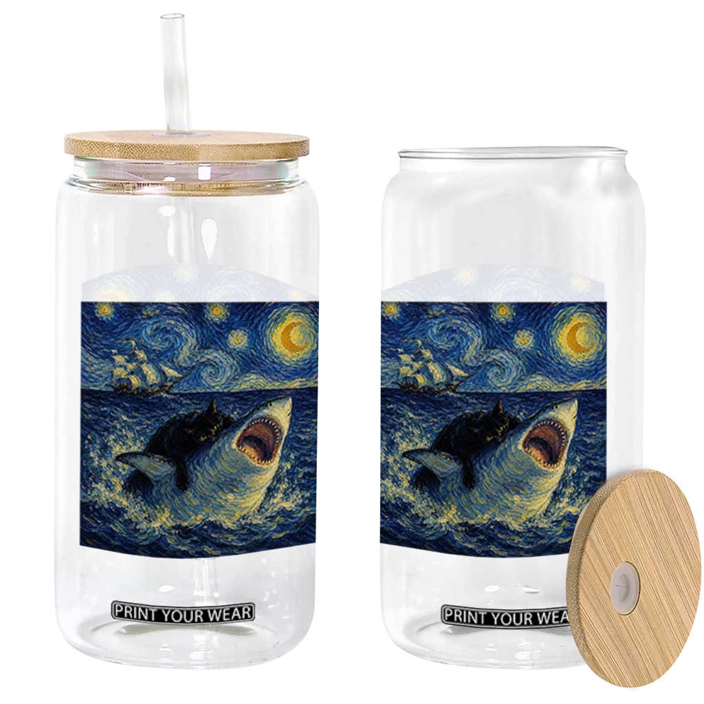 Funny Cat Biting Shark Starry Night Inspired Art Glass Can