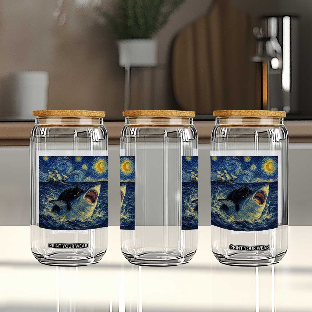 Funny Cat Biting Shark Starry Night Inspired Art Glass Can