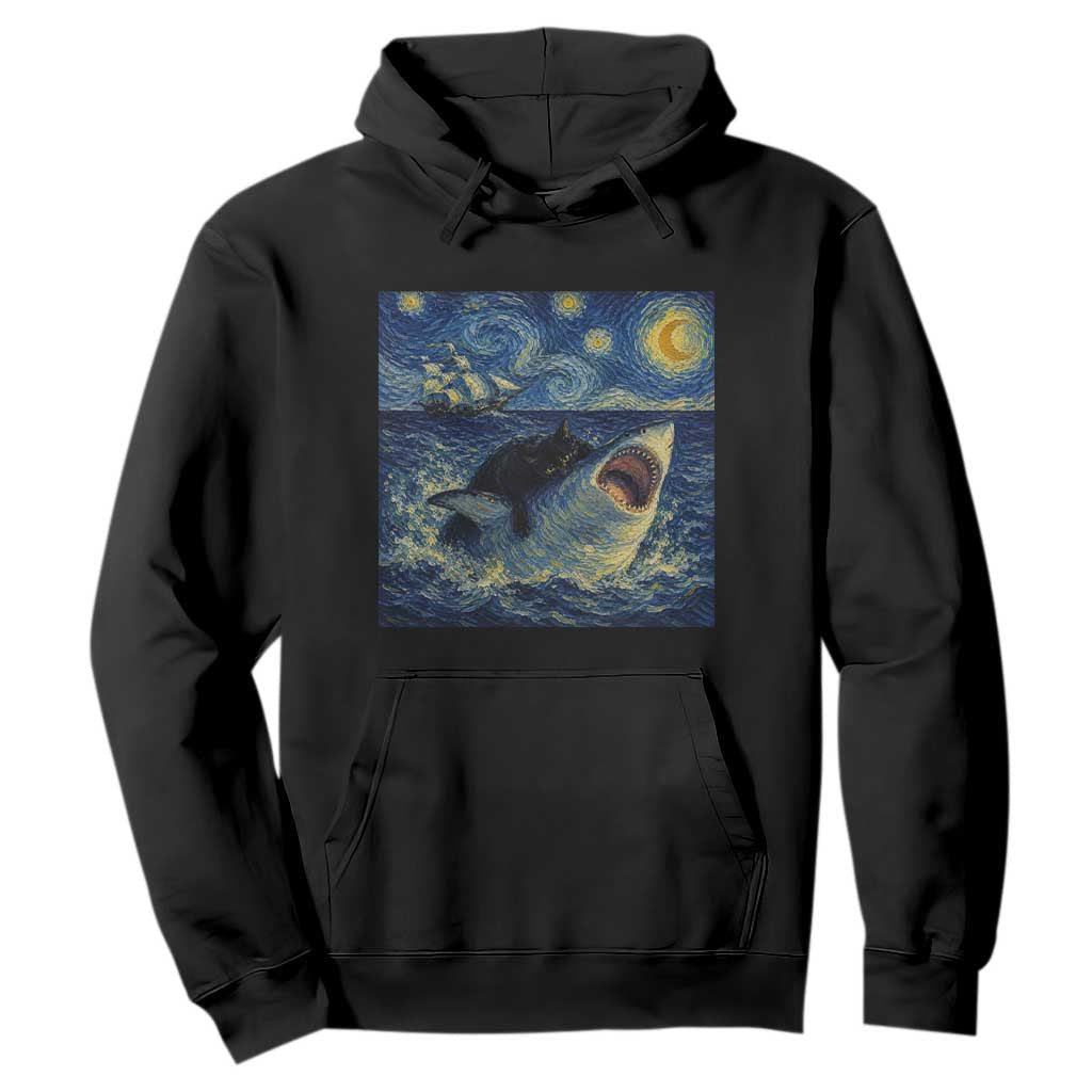 Funny Cat Biting Shark Starry Night Inspired Art Hoodie TS12 Black Print Your Wear