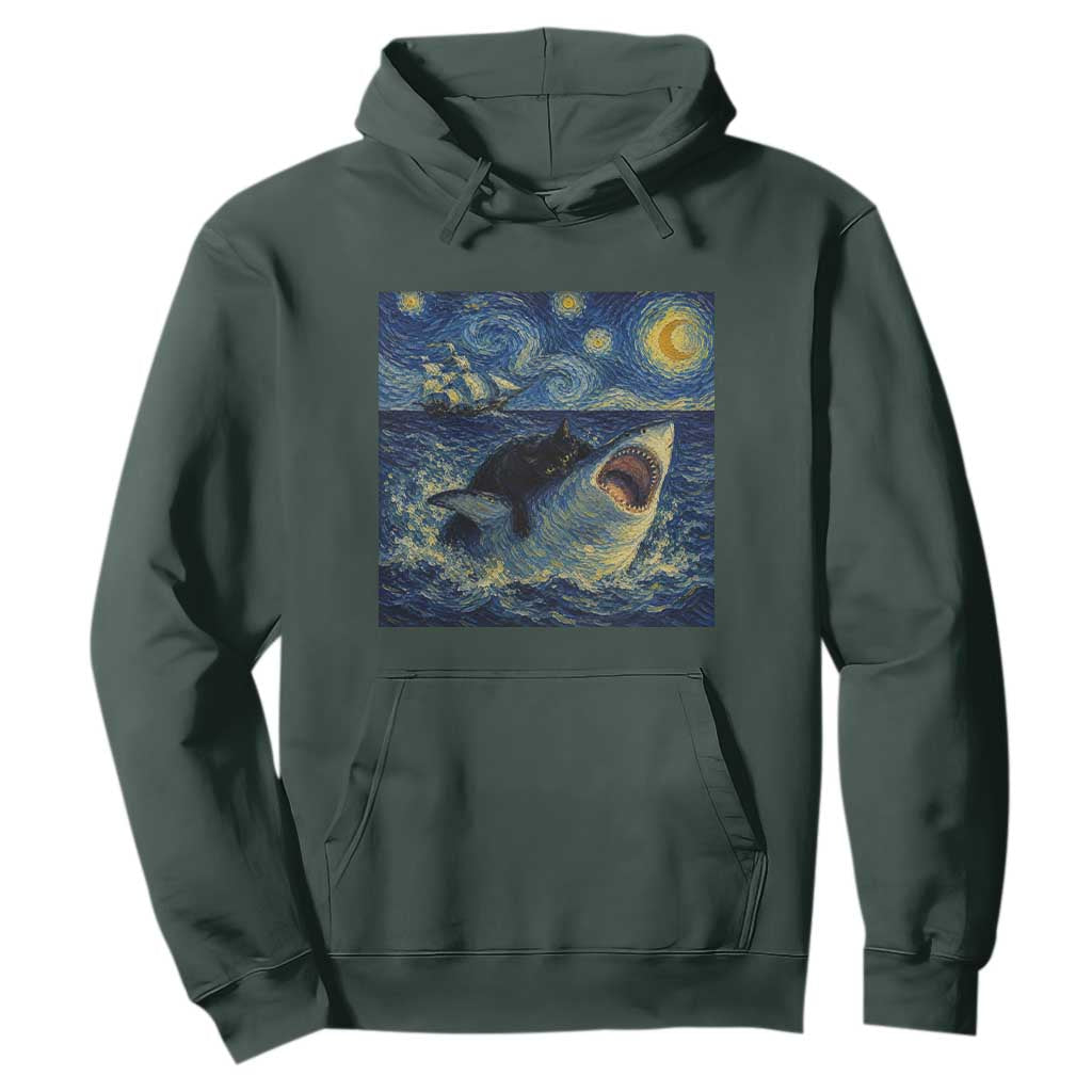 Funny Cat Biting Shark Starry Night Inspired Art Hoodie