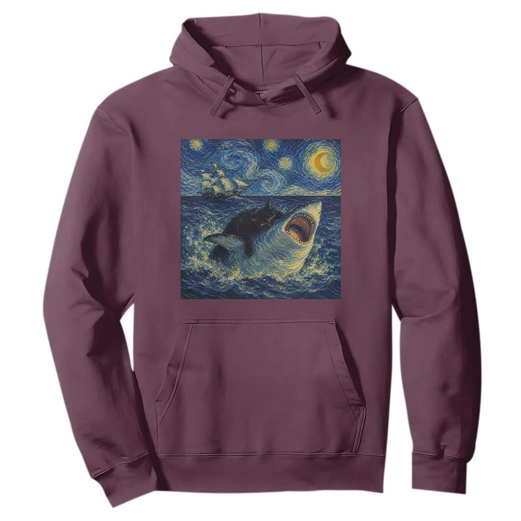 Funny Cat Biting Shark Starry Night Inspired Art Hoodie