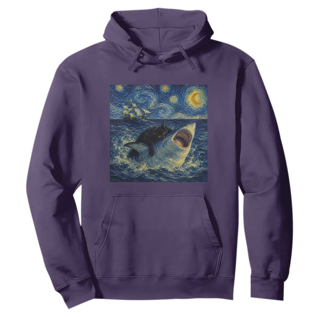 Funny Cat Biting Shark Starry Night Inspired Art Hoodie