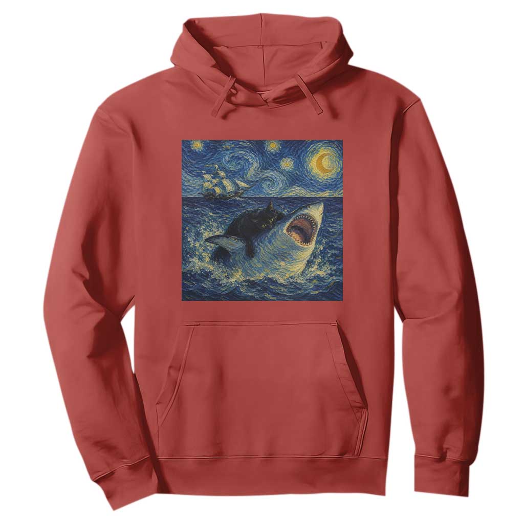 Funny Cat Biting Shark Starry Night Inspired Art Hoodie