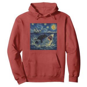 Funny Cat Biting Shark Starry Night Inspired Art Hoodie