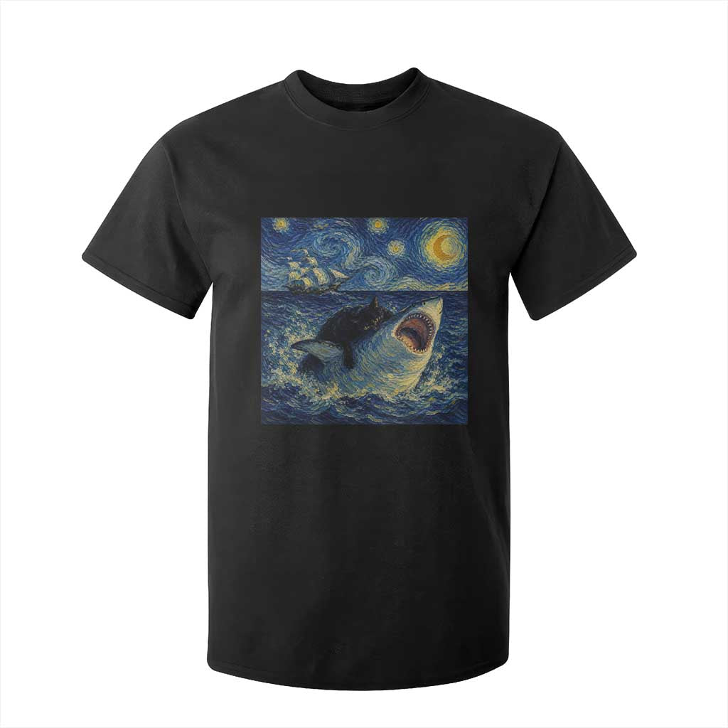 Funny Cat Biting Shark Starry Night Inspired Art T Shirt For Kid