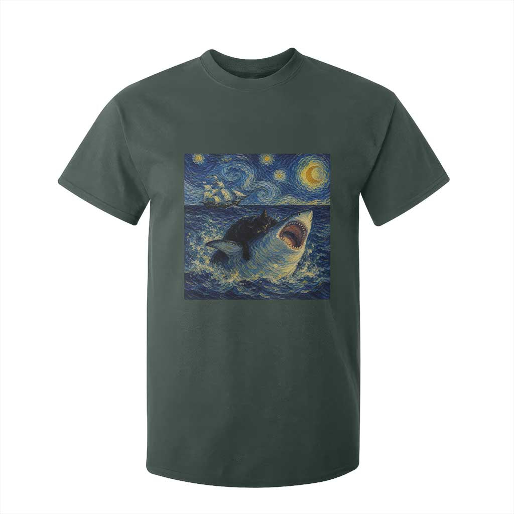 Funny Cat Biting Shark Starry Night Inspired Art T Shirt For Kid