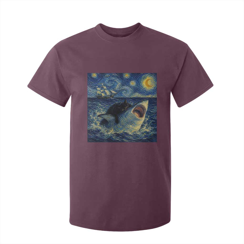 Funny Cat Biting Shark Starry Night Inspired Art T Shirt For Kid