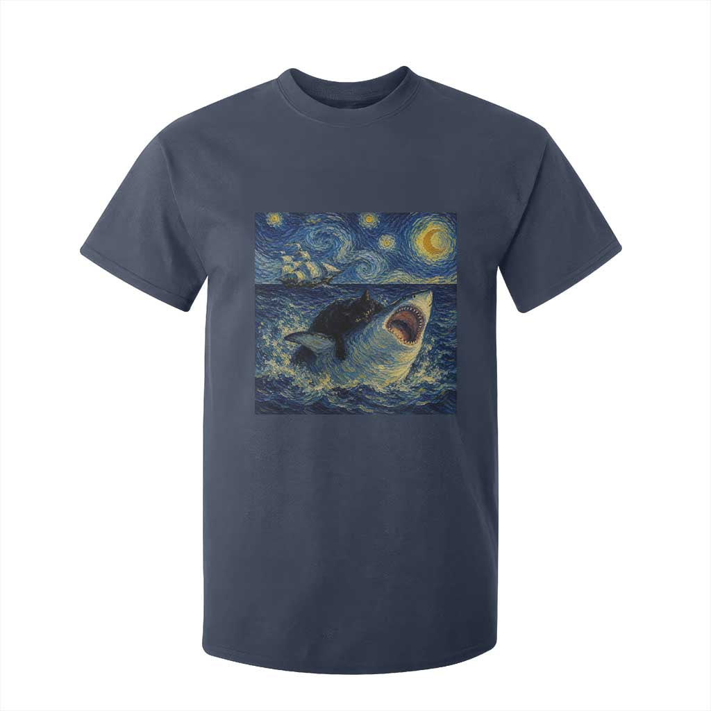 Funny Cat Biting Shark Starry Night Inspired Art T Shirt For Kid