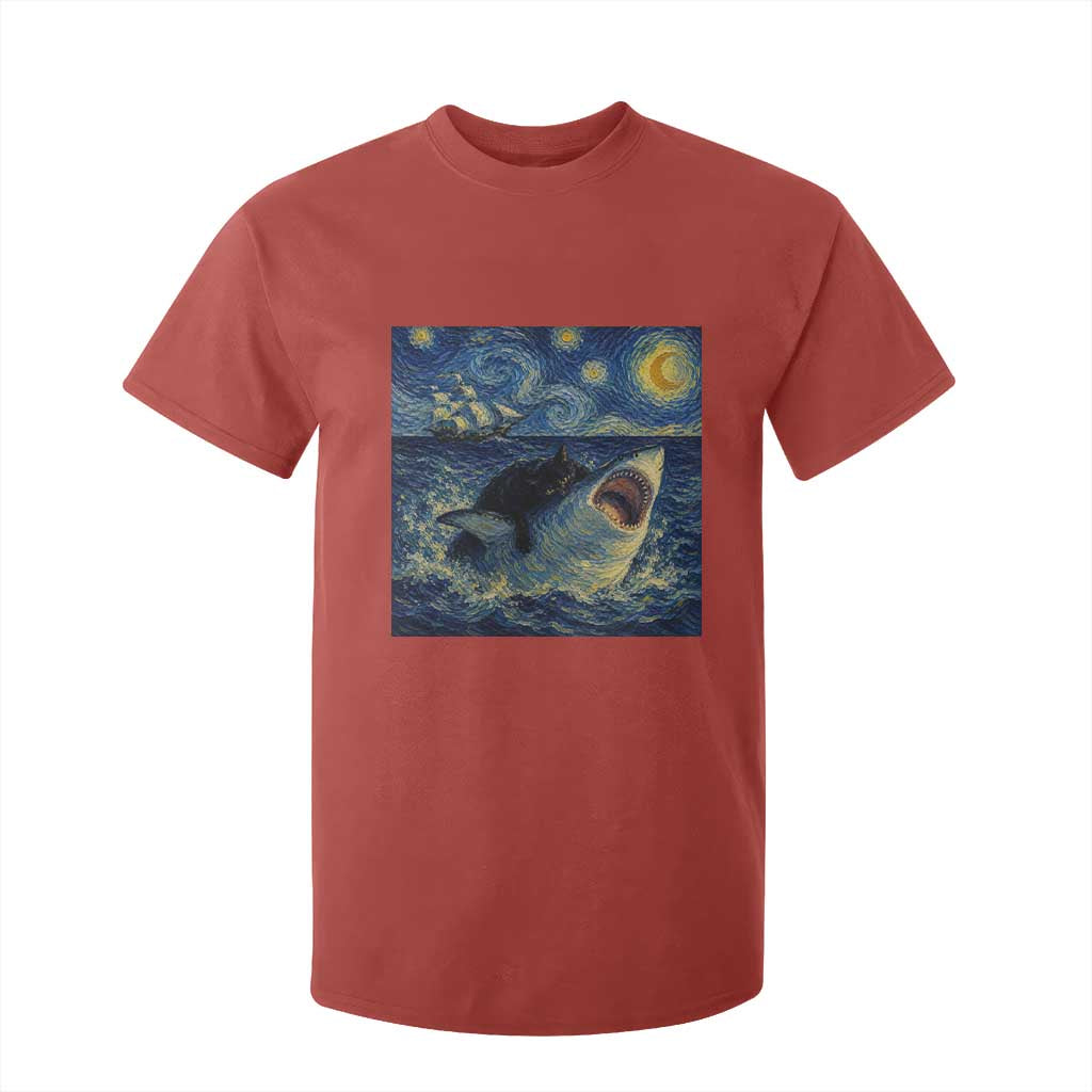 Funny Cat Biting Shark Starry Night Inspired Art T Shirt For Kid