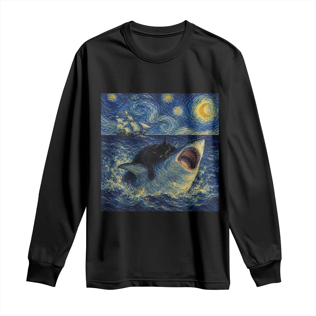 Funny Cat Biting Shark Starry Night Inspired Art Long Sleeve Shirt TS12 Black Print Your Wear