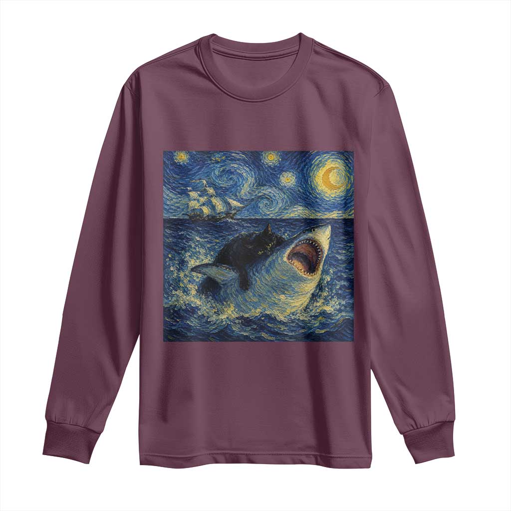 Funny Cat Biting Shark Starry Night Inspired Art Long Sleeve Shirt