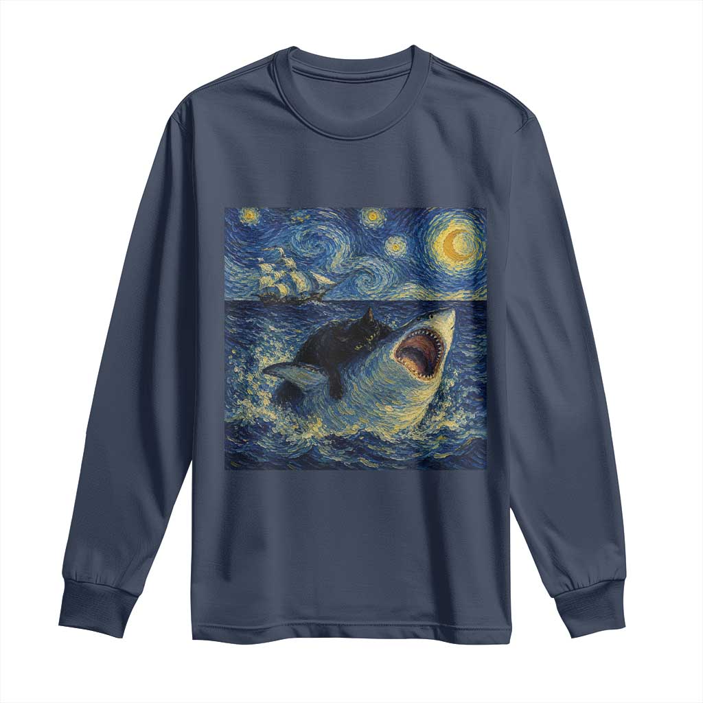 Funny Cat Biting Shark Starry Night Inspired Art Long Sleeve Shirt