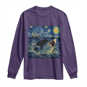 Funny Cat Biting Shark Starry Night Inspired Art Long Sleeve Shirt
