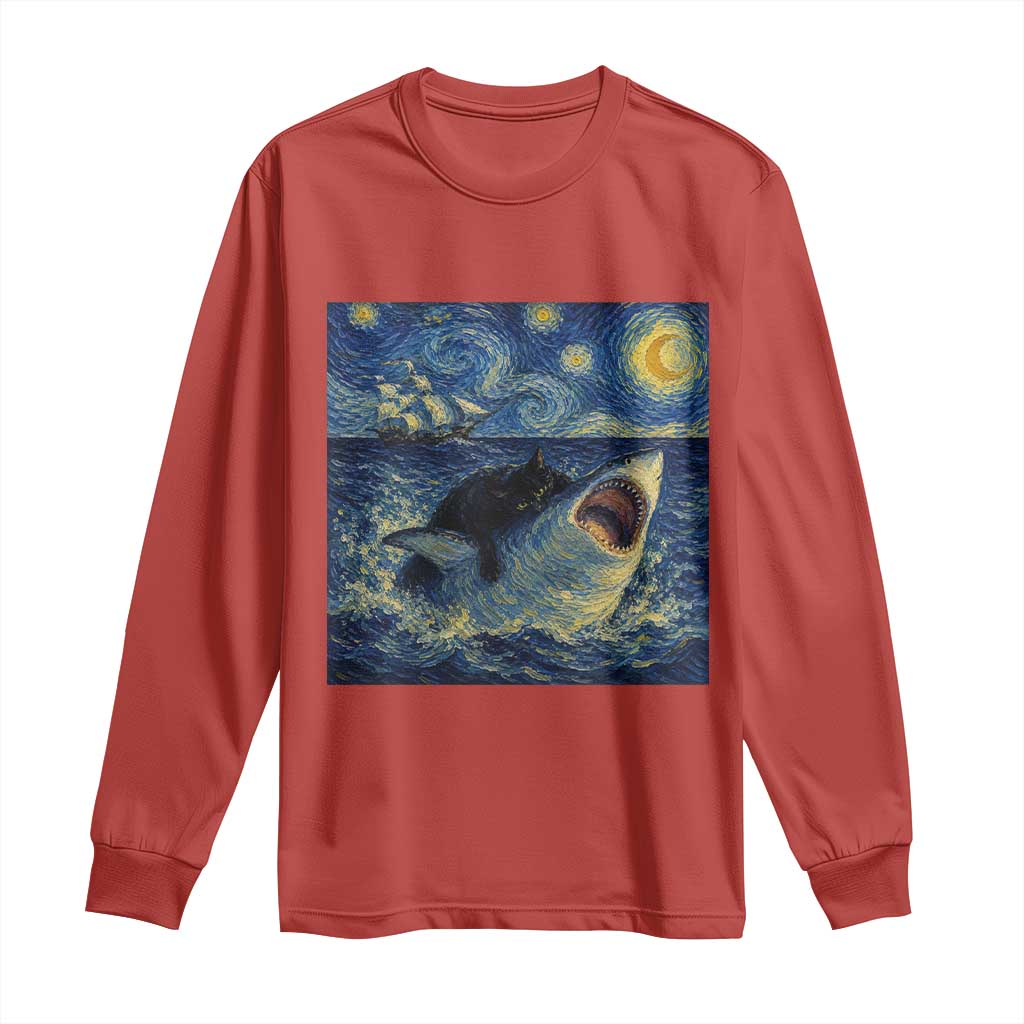 Funny Cat Biting Shark Starry Night Inspired Art Long Sleeve Shirt