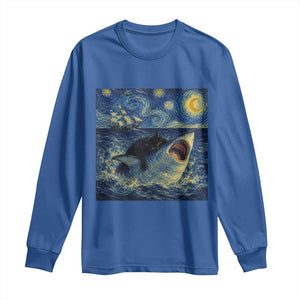 Funny Cat Biting Shark Starry Night Inspired Art Long Sleeve Shirt