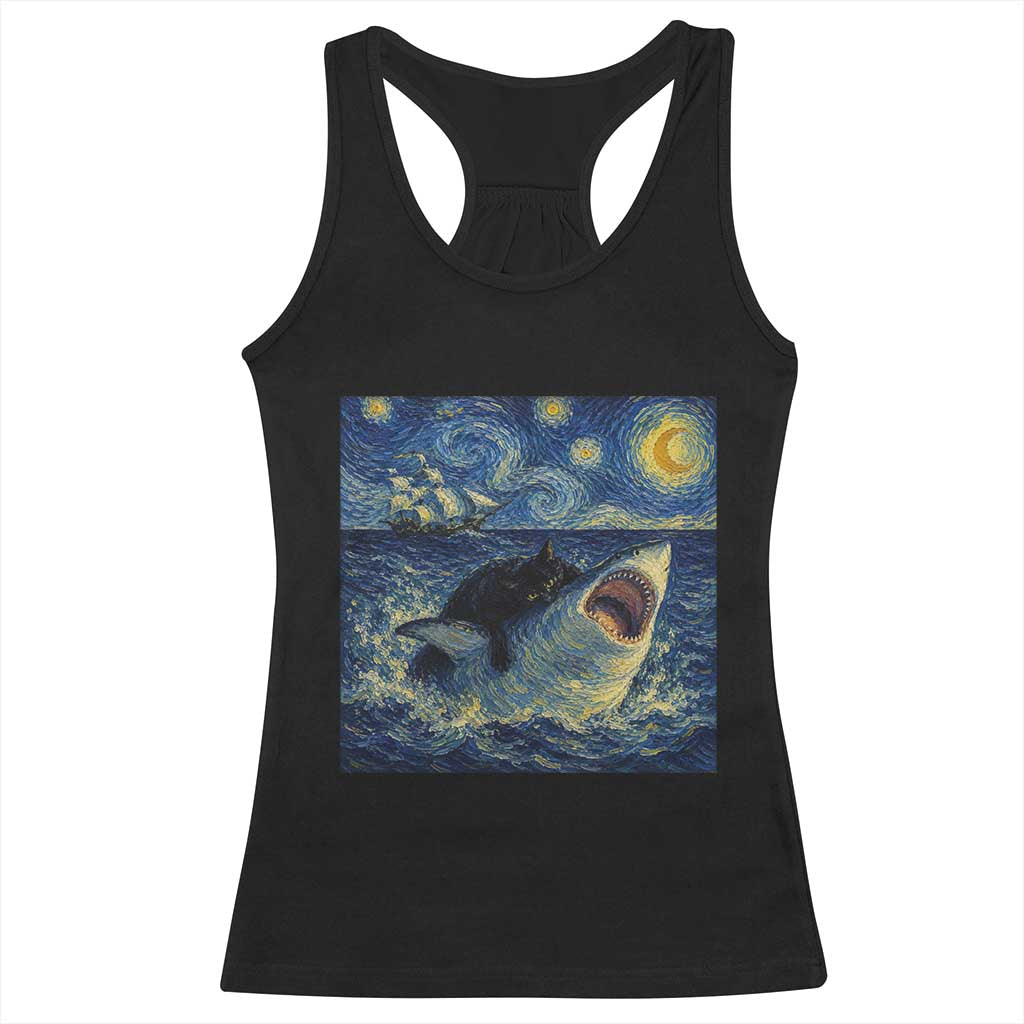Funny Cat Biting Shark Starry Night Inspired Art Racerback Tank Top TS12 Black Print Your Wear