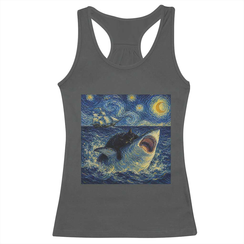 Funny Cat Biting Shark Starry Night Inspired Art Racerback Tank Top