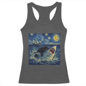 Funny Cat Biting Shark Starry Night Inspired Art Racerback Tank Top