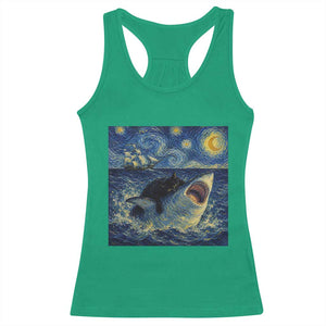 Funny Cat Biting Shark Starry Night Inspired Art Racerback Tank Top