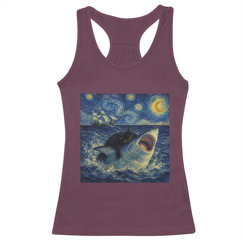 Funny Cat Biting Shark Starry Night Inspired Art Racerback Tank Top
