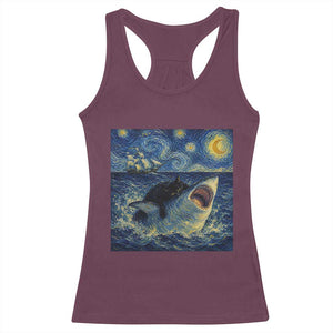Funny Cat Biting Shark Starry Night Inspired Art Racerback Tank Top