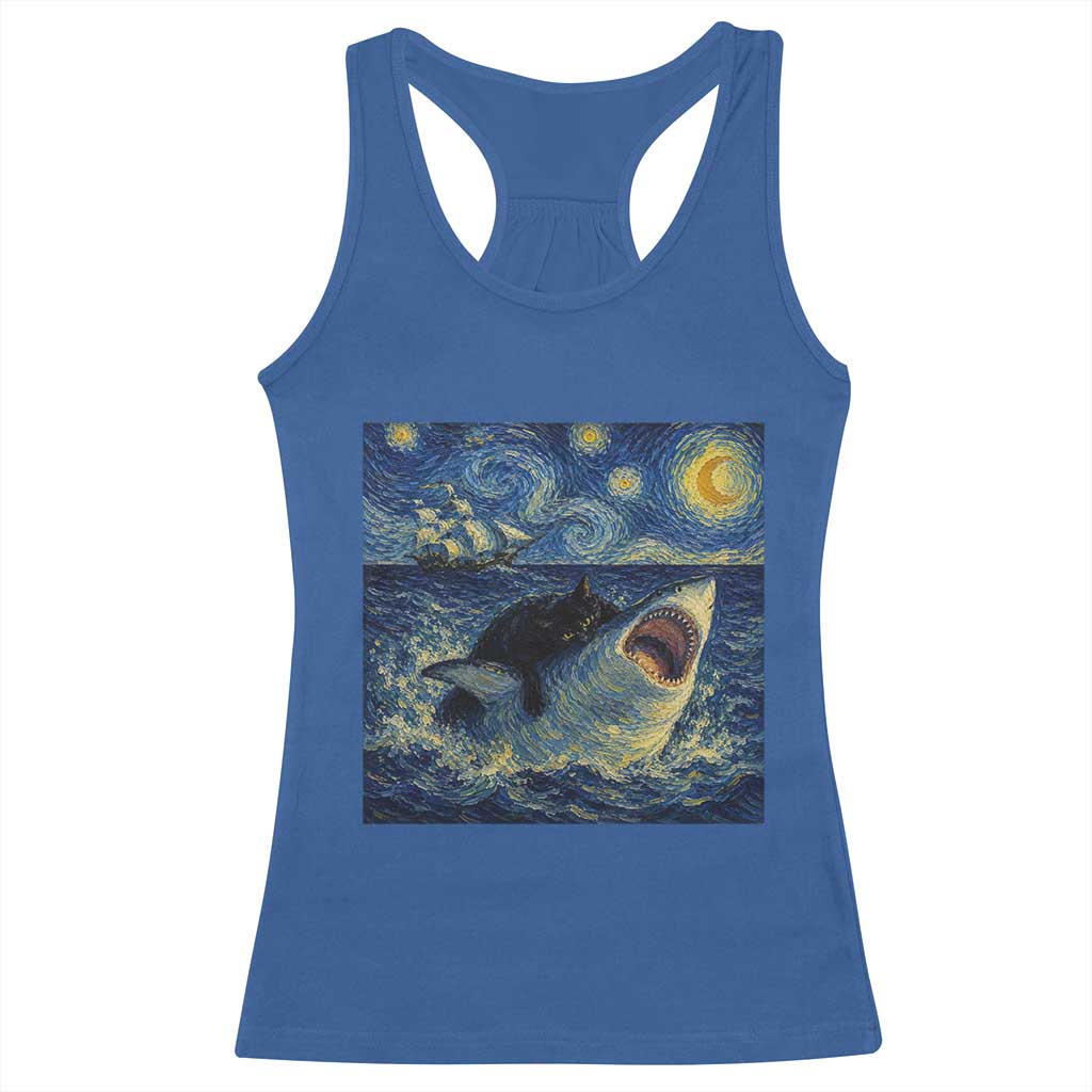 Funny Cat Biting Shark Starry Night Inspired Art Racerback Tank Top
