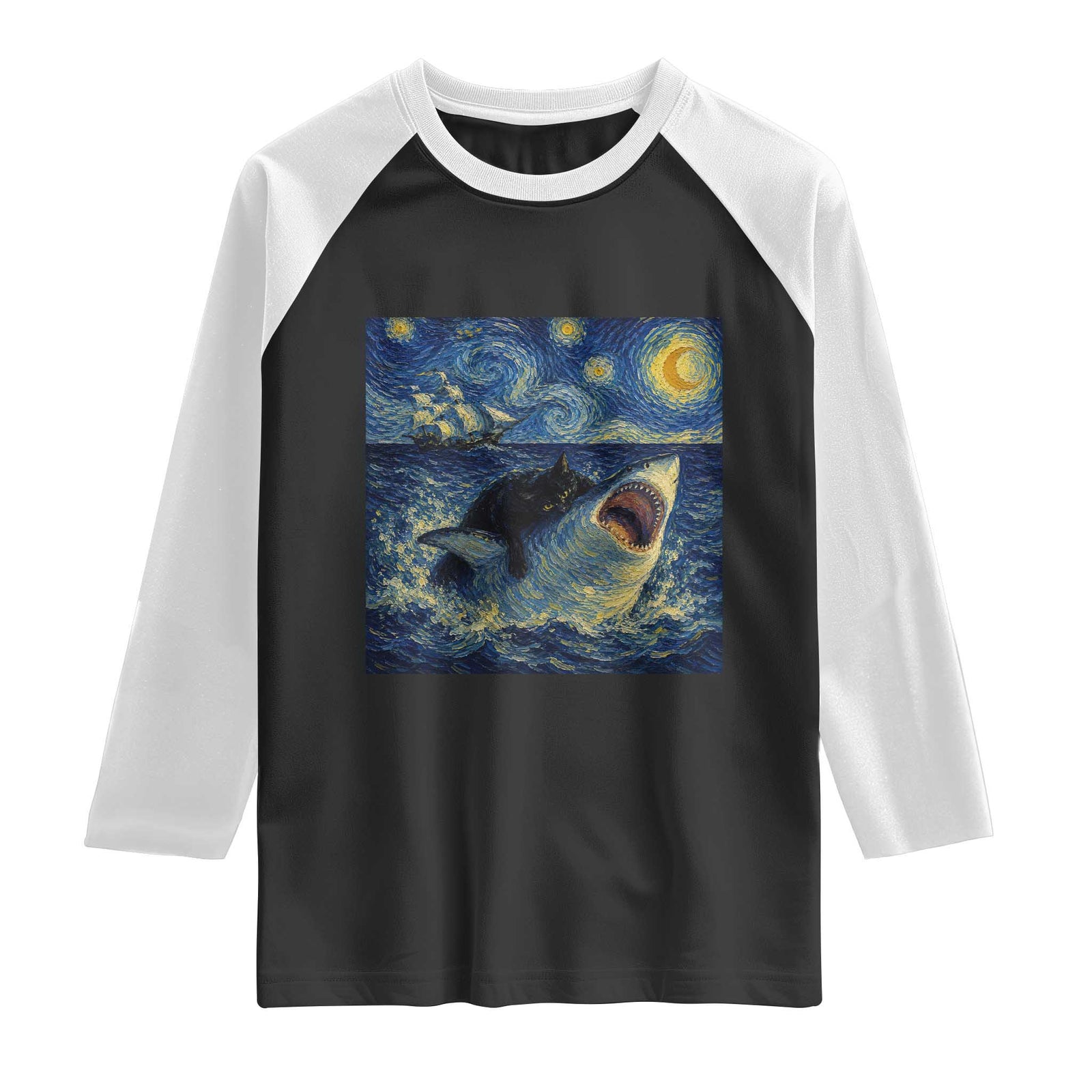 Funny Cat Biting Shark Starry Night Inspired Art Raglan Shirt TS12 Black White Print Your Wear