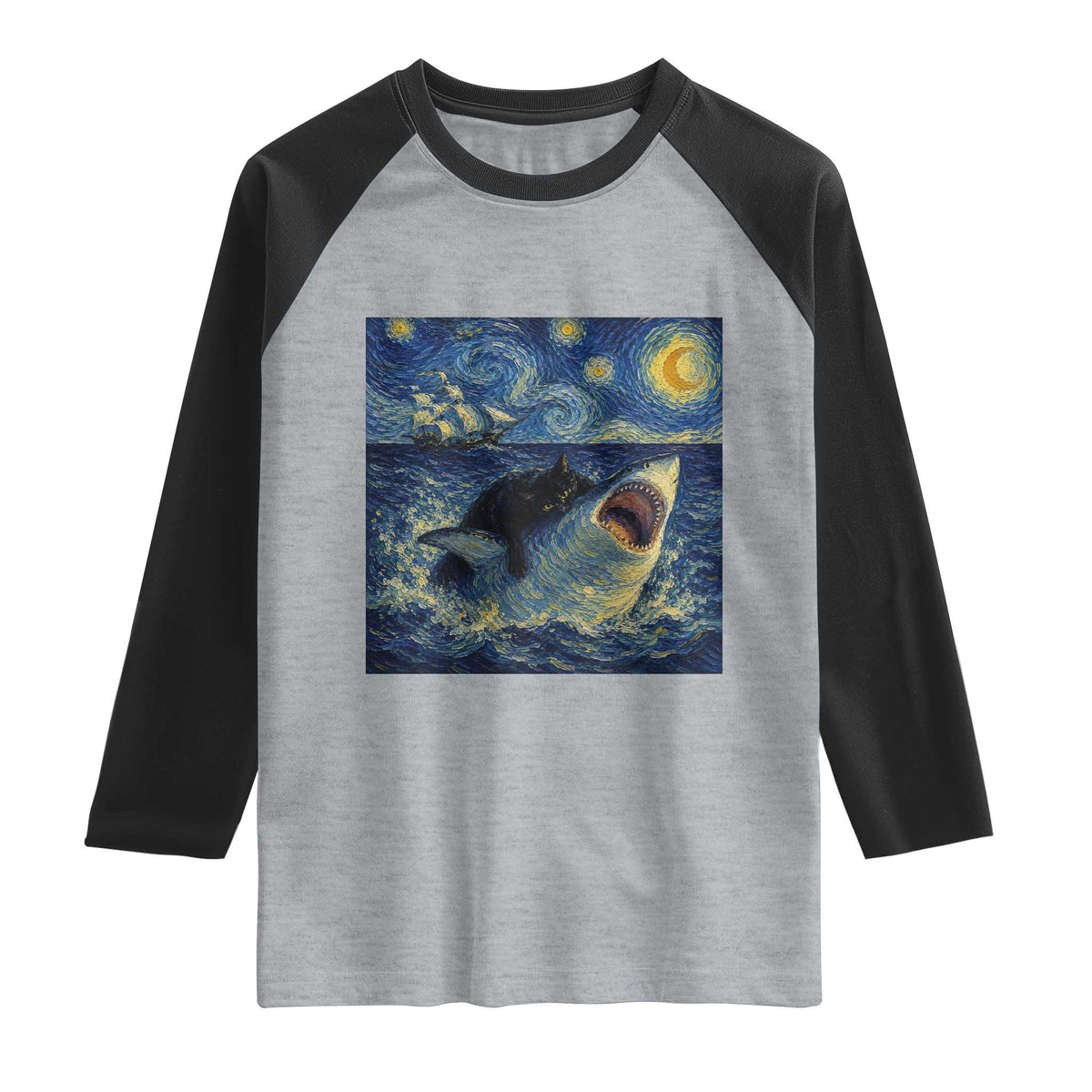 Funny Cat Biting Shark Starry Night Inspired Art Raglan Shirt