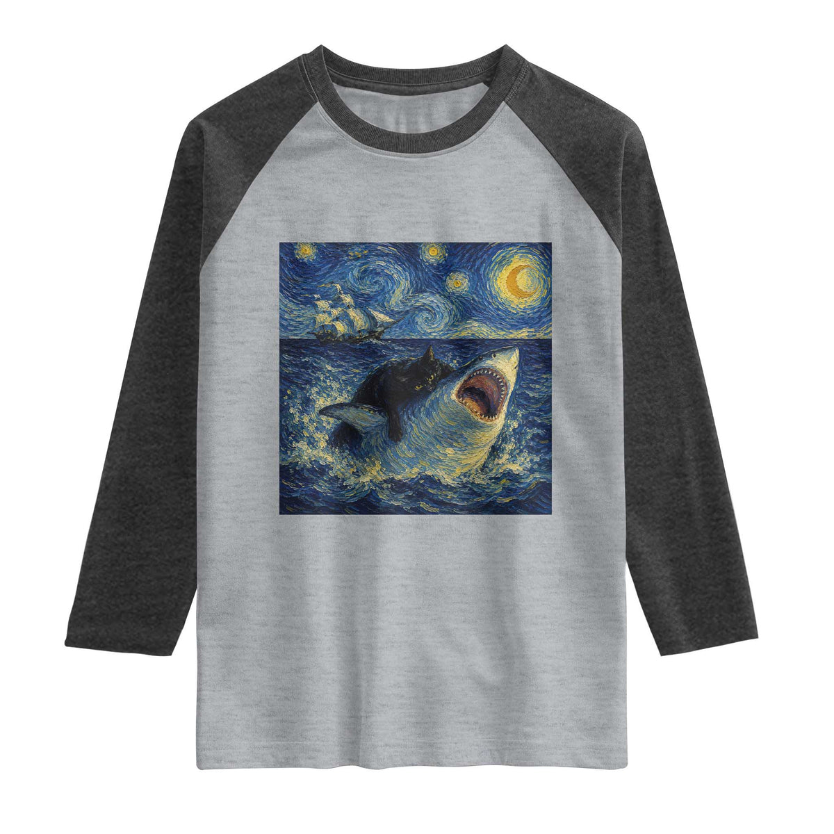 Funny Cat Biting Shark Starry Night Inspired Art Raglan Shirt