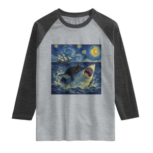 Funny Cat Biting Shark Starry Night Inspired Art Raglan Shirt
