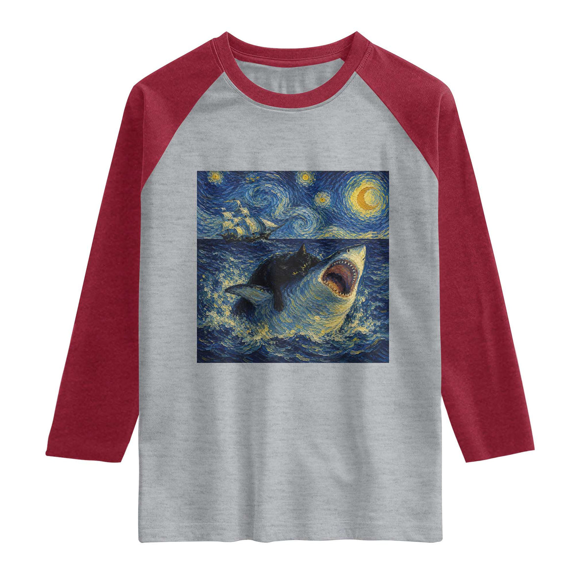 Funny Cat Biting Shark Starry Night Inspired Art Raglan Shirt