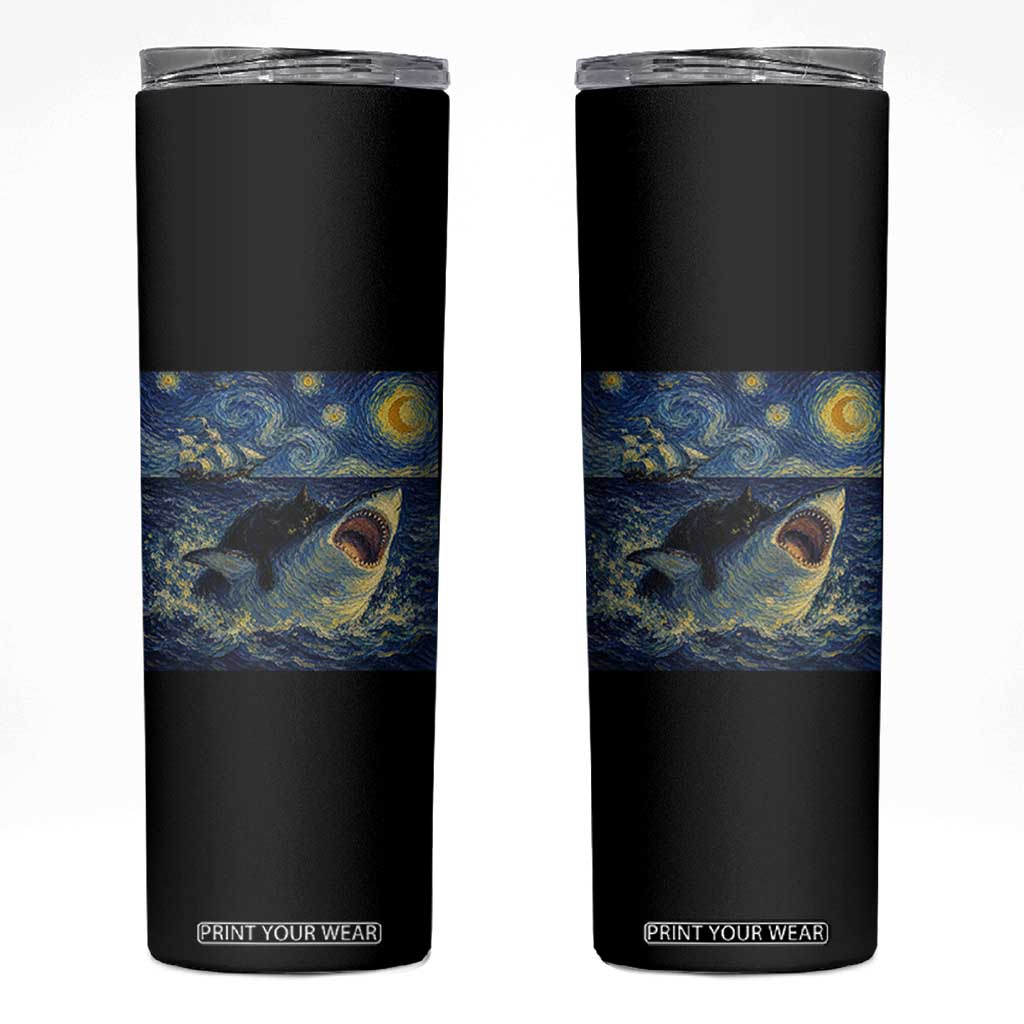 Funny Cat Biting Shark Starry Night Inspired Art Skinny Tumbler TS12 Black Print Your Wear