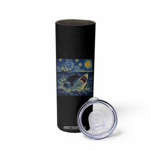Funny Cat Biting Shark Starry Night Inspired Art Skinny Tumbler