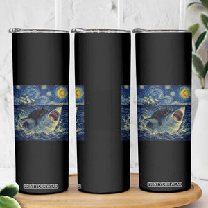 Funny Cat Biting Shark Starry Night Inspired Art Skinny Tumbler