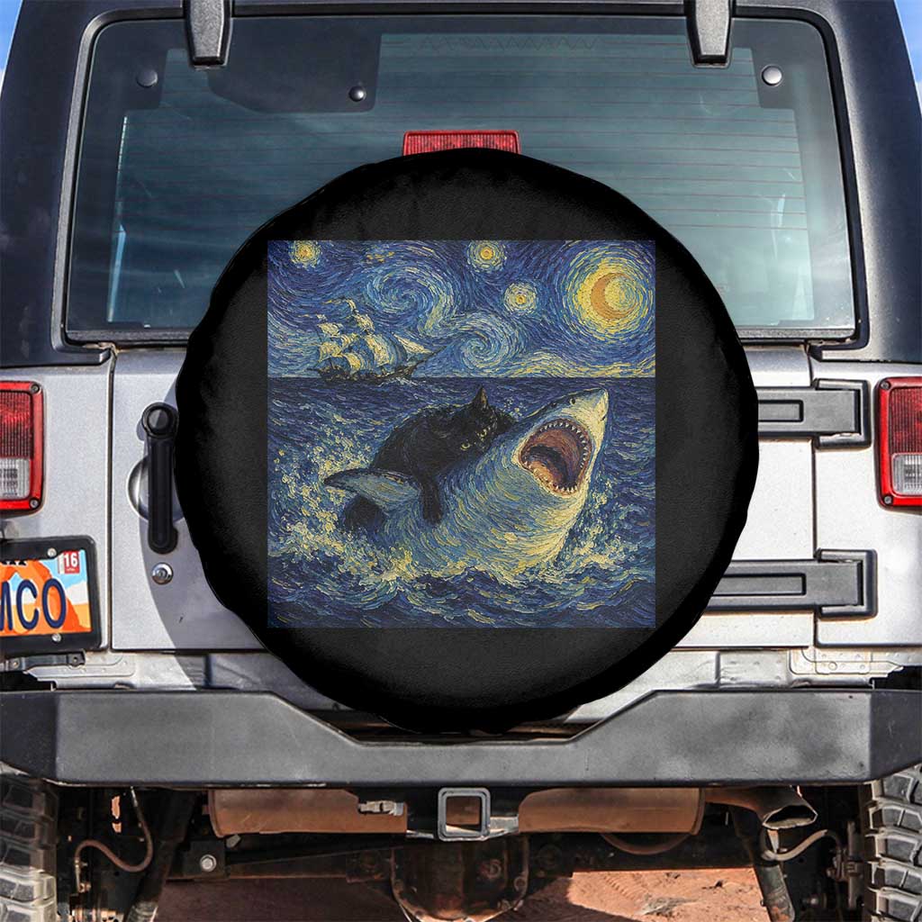 Funny Cat Biting Shark Starry Night Inspired Art Spare Tire Cover