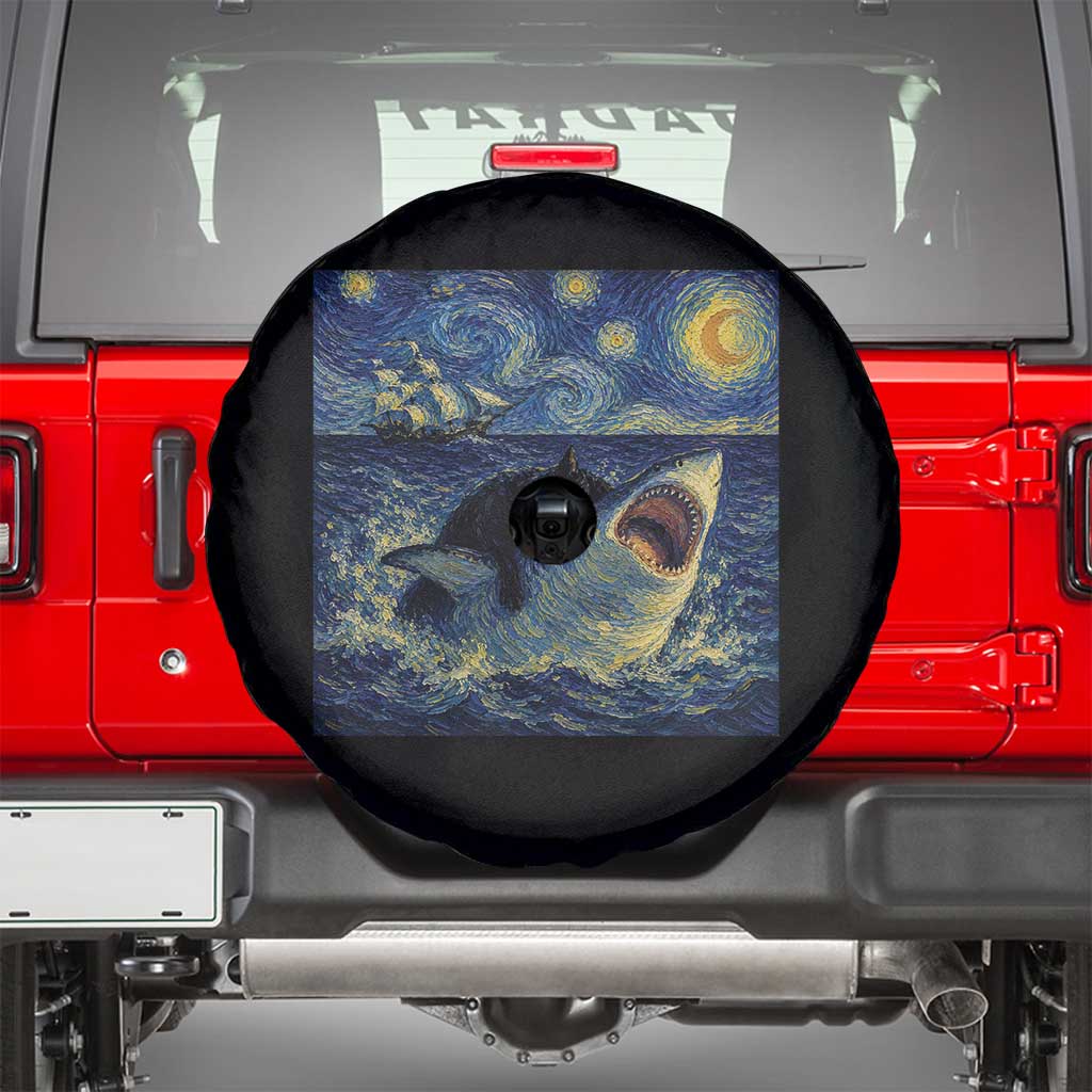 Funny Cat Biting Shark Starry Night Inspired Art Spare Tire Cover