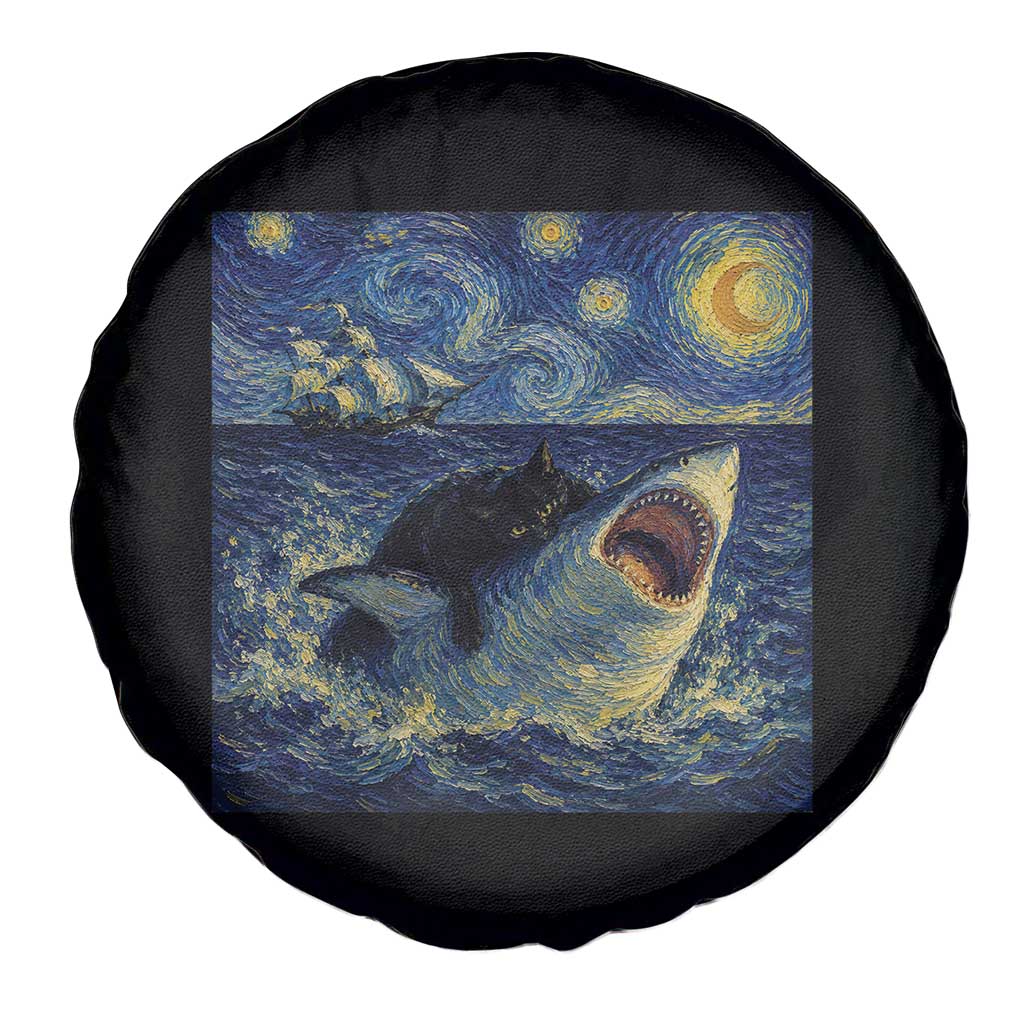 Funny Cat Biting Shark Starry Night Inspired Art Spare Tire Cover