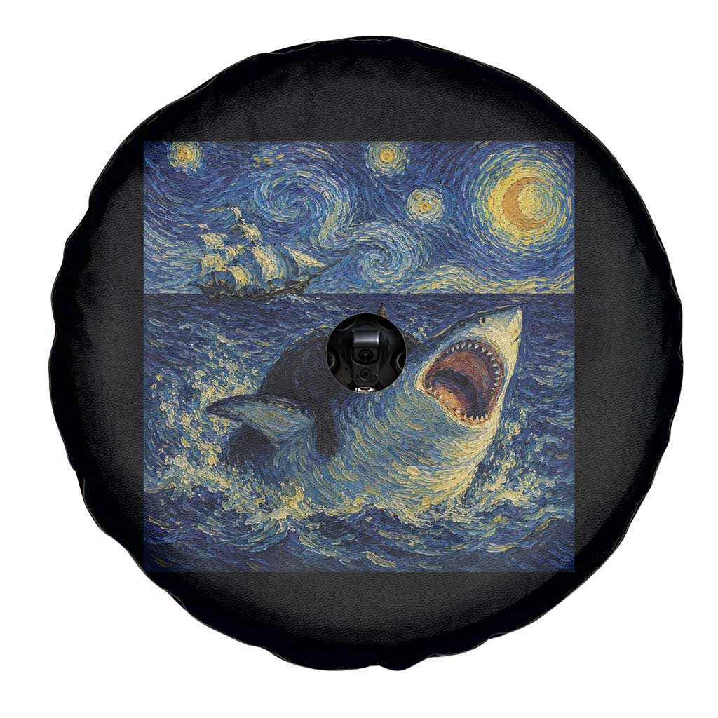 Funny Cat Biting Shark Starry Night Inspired Art Spare Tire Cover