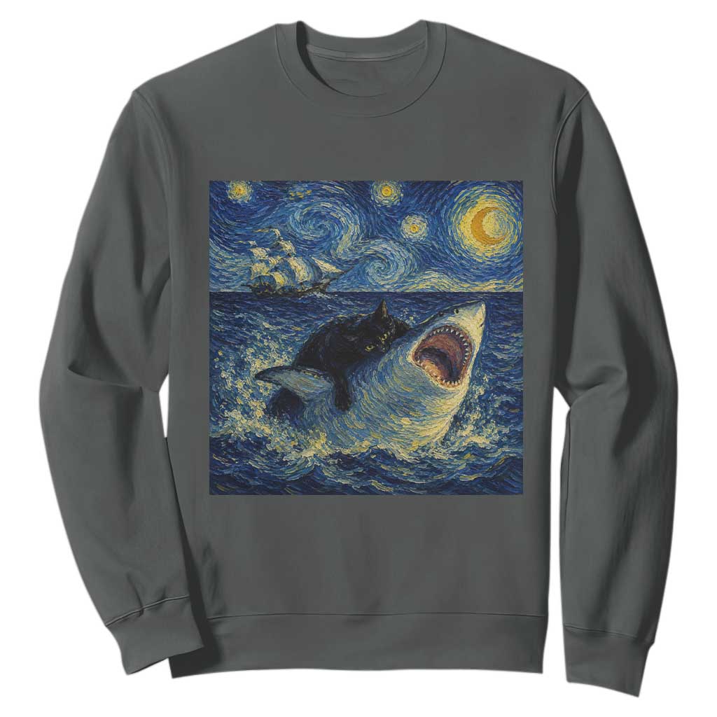 Funny Cat Biting Shark Starry Night Inspired Art Sweatshirt