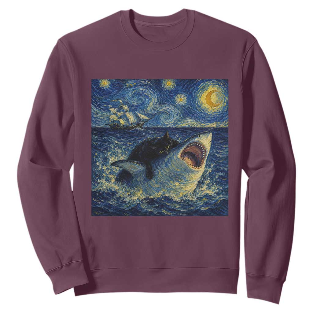 Funny Cat Biting Shark Starry Night Inspired Art Sweatshirt