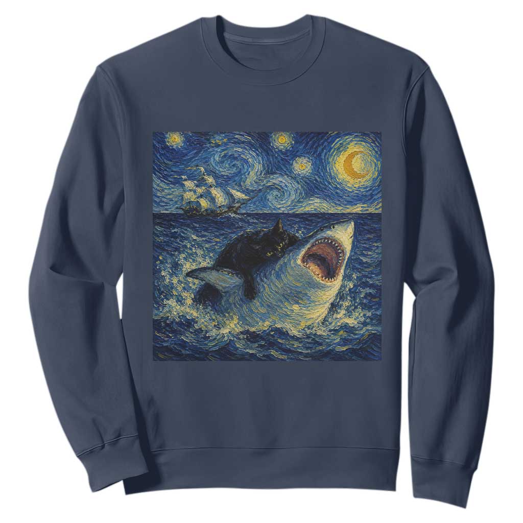 Funny Cat Biting Shark Starry Night Inspired Art Sweatshirt