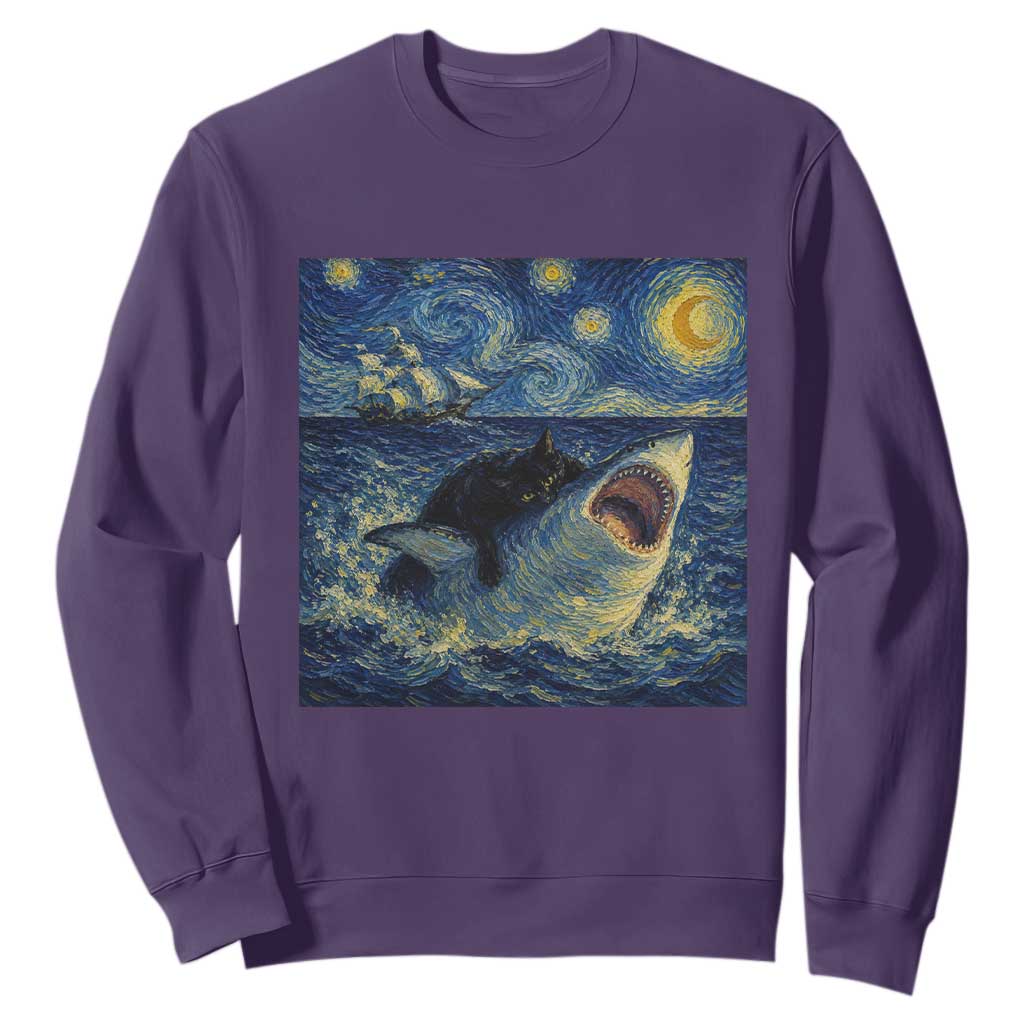 Funny Cat Biting Shark Starry Night Inspired Art Sweatshirt