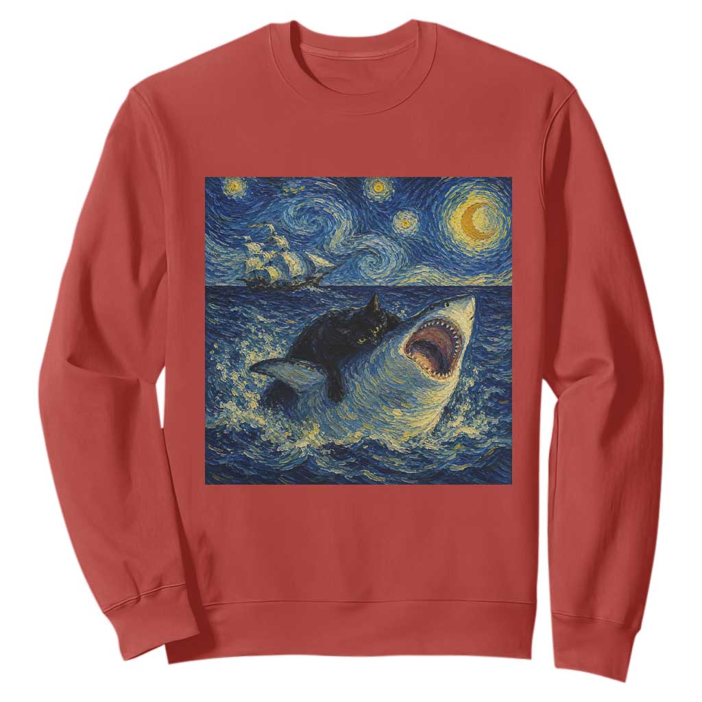 Funny Cat Biting Shark Starry Night Inspired Art Sweatshirt
