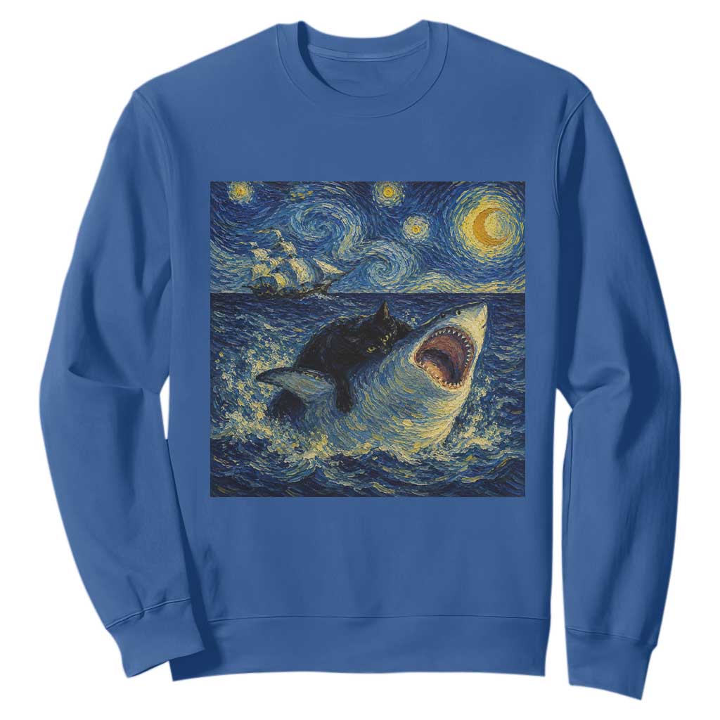 Funny Cat Biting Shark Starry Night Inspired Art Sweatshirt